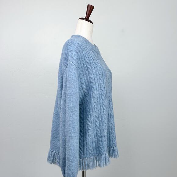 Farmers Market Blue Chunky Cable Knit Scarf Fringe Crewneck Sweater Large - Picture 7 of 9